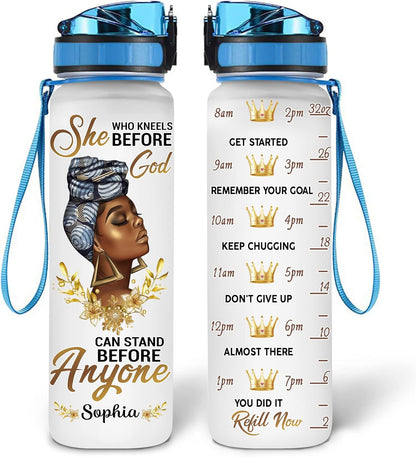 She Who Kneels Before God Water Bottle Tracker 32oz – Personalized Christian Gift for Black Women & Girls