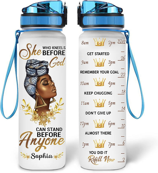 She Who Kneels Before God Water Bottle Tracker 32oz – Personalized Christian Gift for Black Women & Girls