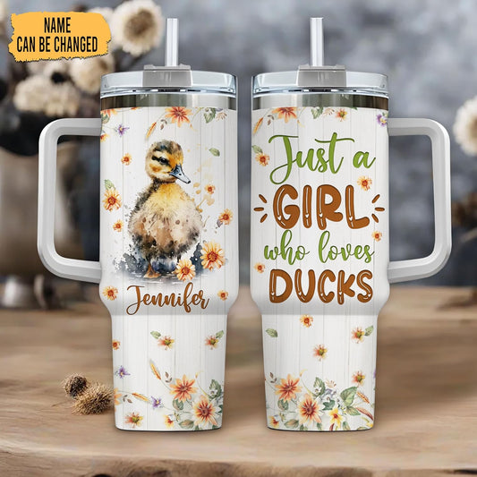 Duckling Floral 40oz Tumbler with Handle & Straw – Personalized Stainless Steel Insulated Travel Cup with Lid – Cute Gift for Animal Lovers