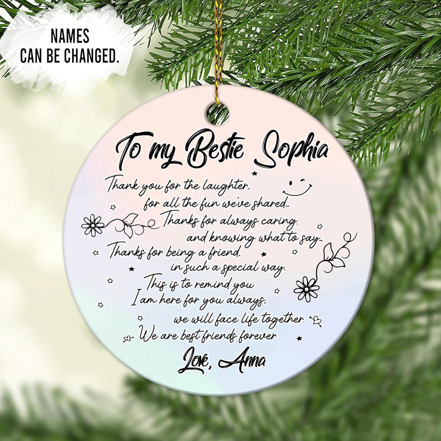 Best Friend Letter Script Ceramic Circle Ornament – Personalized Christmas Gift for Bestie, BFF or Soul Sister with Heartfelt Thank-You Note