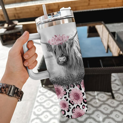 Highland Cow Floral Tumbler 40oz with Handle & Straw – Personalized Stainless Steel Travel Cup with Lid – Cute Farm Animal Gift for Women