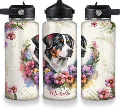 Bernese Mountain Dog Floral Water Bottle 32oz – Personalized Stainless Steel Insulated Bottle with Leak-Proof Lid – Unique Gift for Dog Lovers