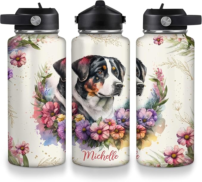 Bernese Mountain Dog Floral Water Bottle 32oz – Personalized Stainless Steel Insulated Bottle with Leak-Proof Lid – Unique Gift for Dog Lovers