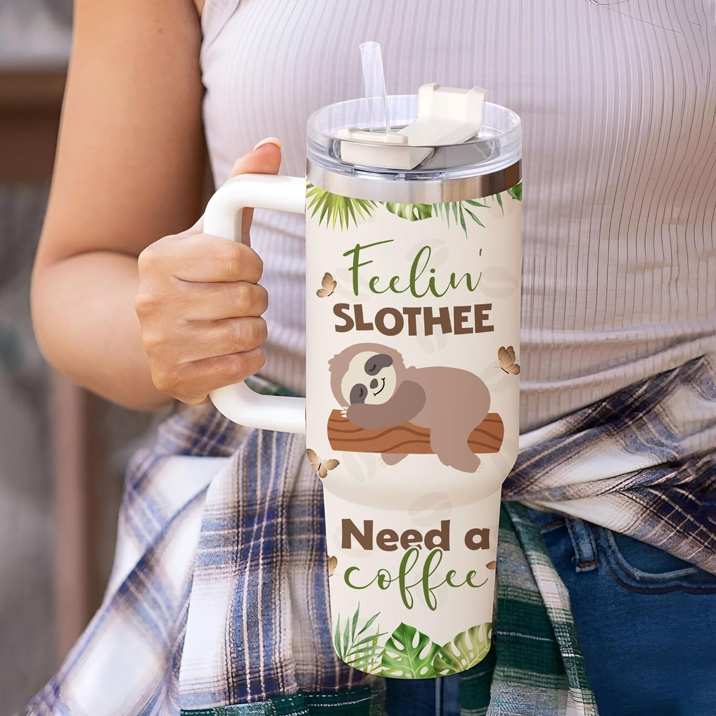 Funny Sloth Coffee Tumbler 40oz with Handle & Straw – Personalized Stainless Steel Travel Cup with Lid – Creative Gift for Animal Lovers