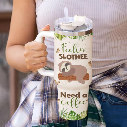 Funny Sloth Coffee Tumbler 40oz with Handle & Straw – Personalized Stainless Steel Travel Cup with Lid – Creative Gift for Animal Lovers