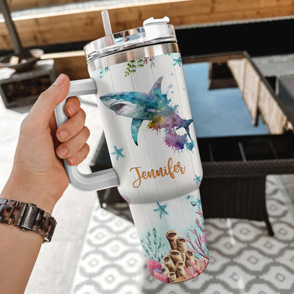Shark Ocean Lover Tumbler 40oz – Personalized Stainless Steel Travel Cup with Handle & Straw, Watercolor Marine Predator Design – Unique Gift for Women & Girls
