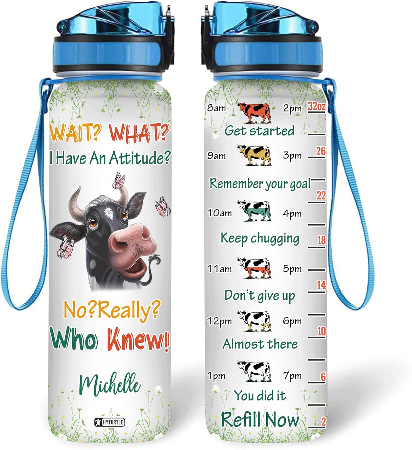 Funny Cow Attitude Water Bottle Tracker 32oz – Personalized Motivational Bottle with Time Marker – Unique Gift for Cow Lovers & Farmers