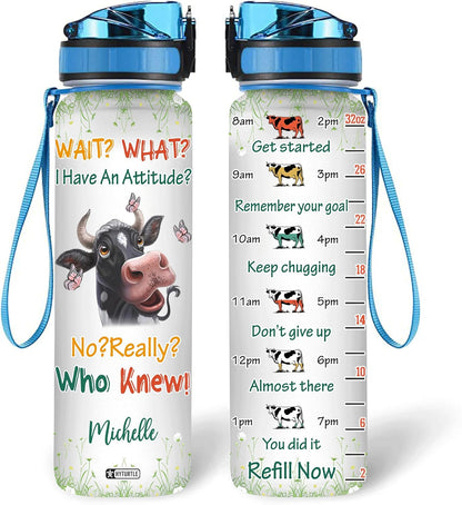 Funny Cow Attitude Water Bottle Tracker 32oz – Personalized Motivational Bottle with Time Marker – Unique Gift for Cow Lovers & Farmers