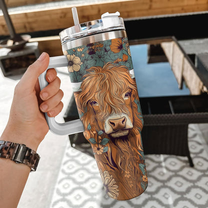 Floral Highland Cow Tumbler 40oz with Handle & Straw – Personalized Stainless Steel Travel Cup with Lid – Stylish Gift for Cow Lovers