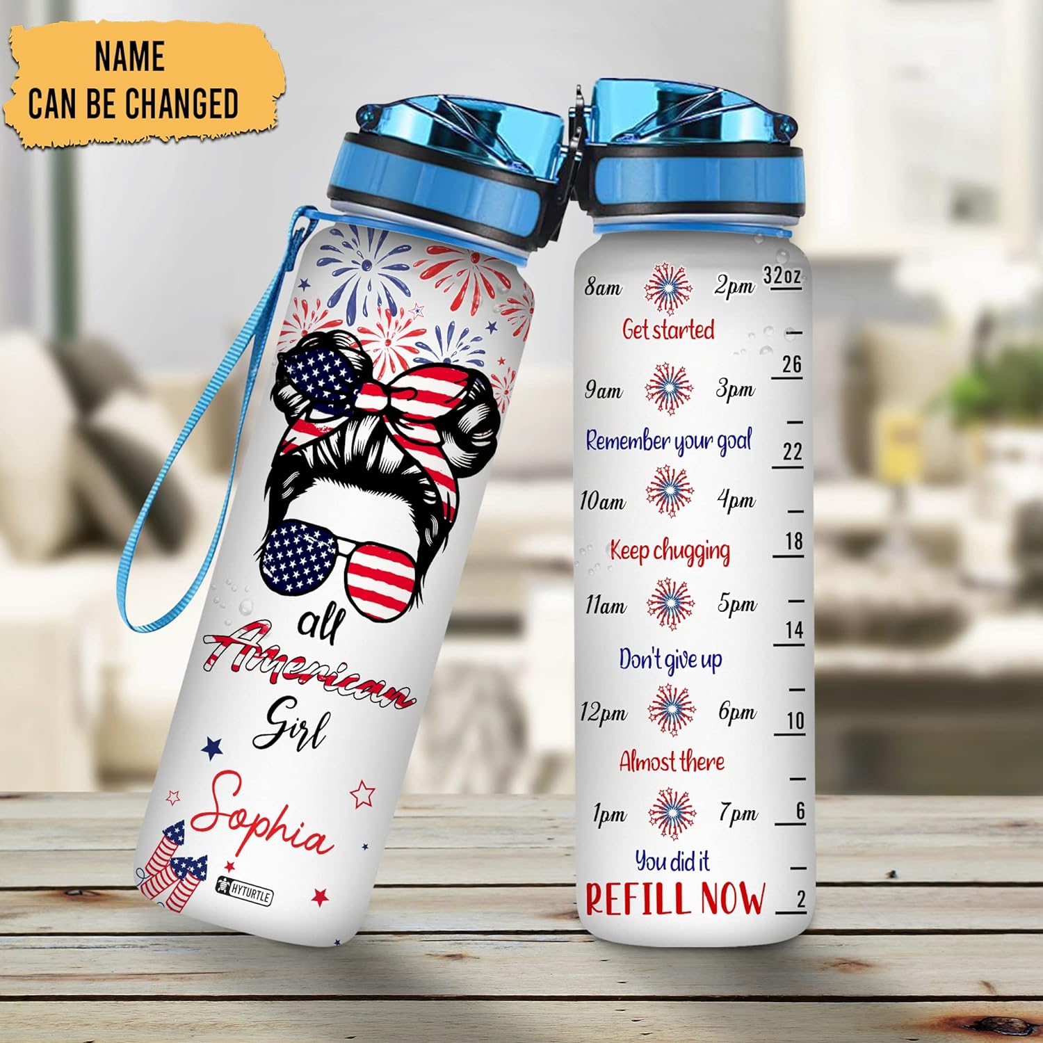 Bun Hair Girl American Flag - Personalized Water Tracker Bottle 32oz