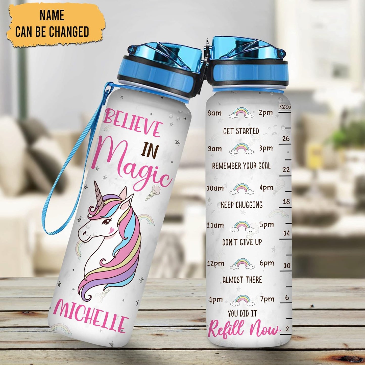 Believe in Magic Unicorn 32oz Water Bottle Tracker – Personalized Hydration Bottle with Time Marker – Whimsical Gift for Girls