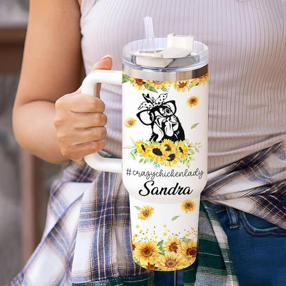 Sunflower Chicken Lady Tumbler 40oz with Handle & Straw – Personalized Stainless Steel Insulated Cup with Lid – Fun Gift for Farm Animal Lovers