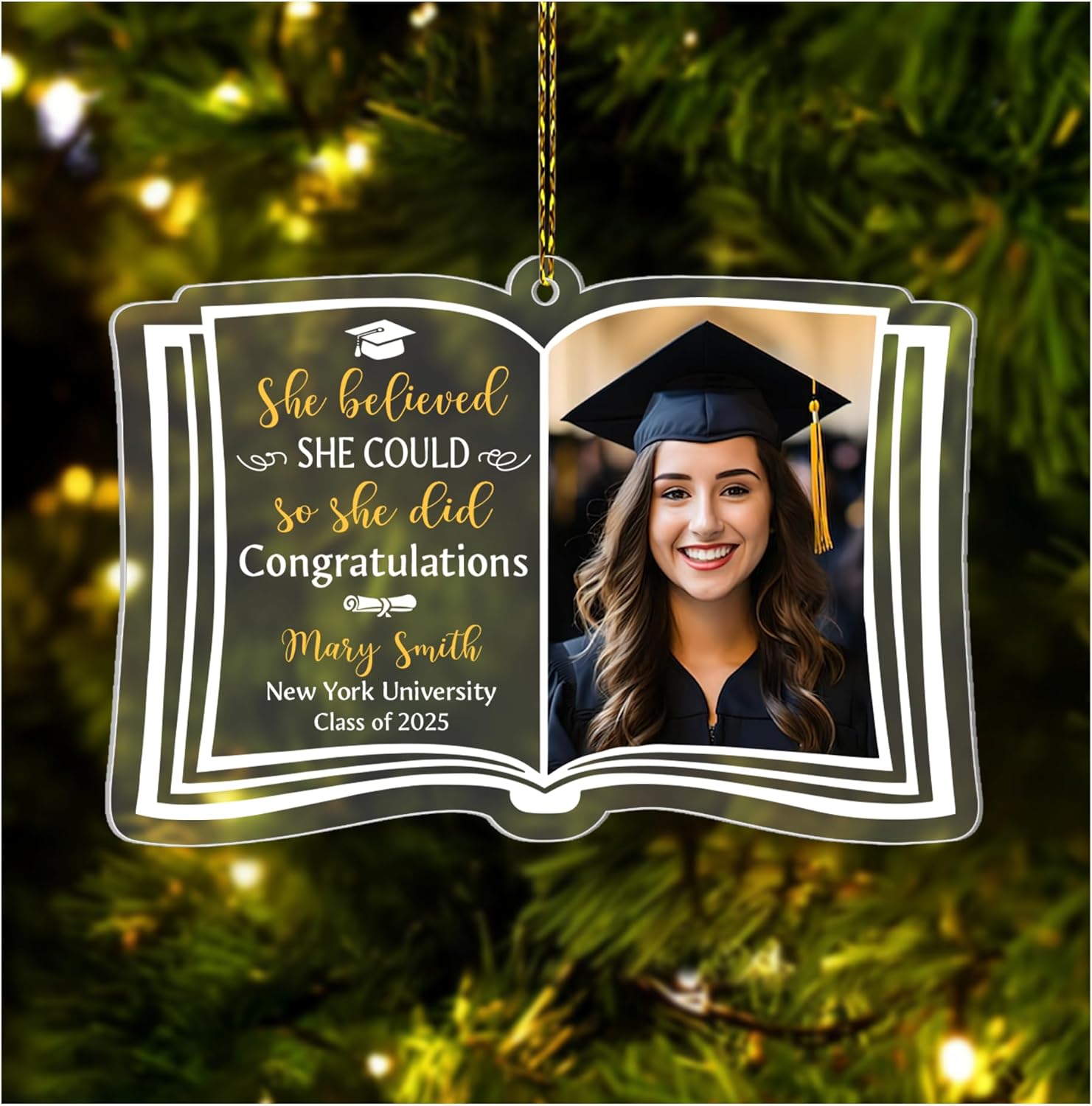 Open-Book Graduation Cut Acrylic Ornament – Personalized Photo Class of 2025 Gift for Graduate, Senior or Master’s Student, Commencement Tree Keepsake