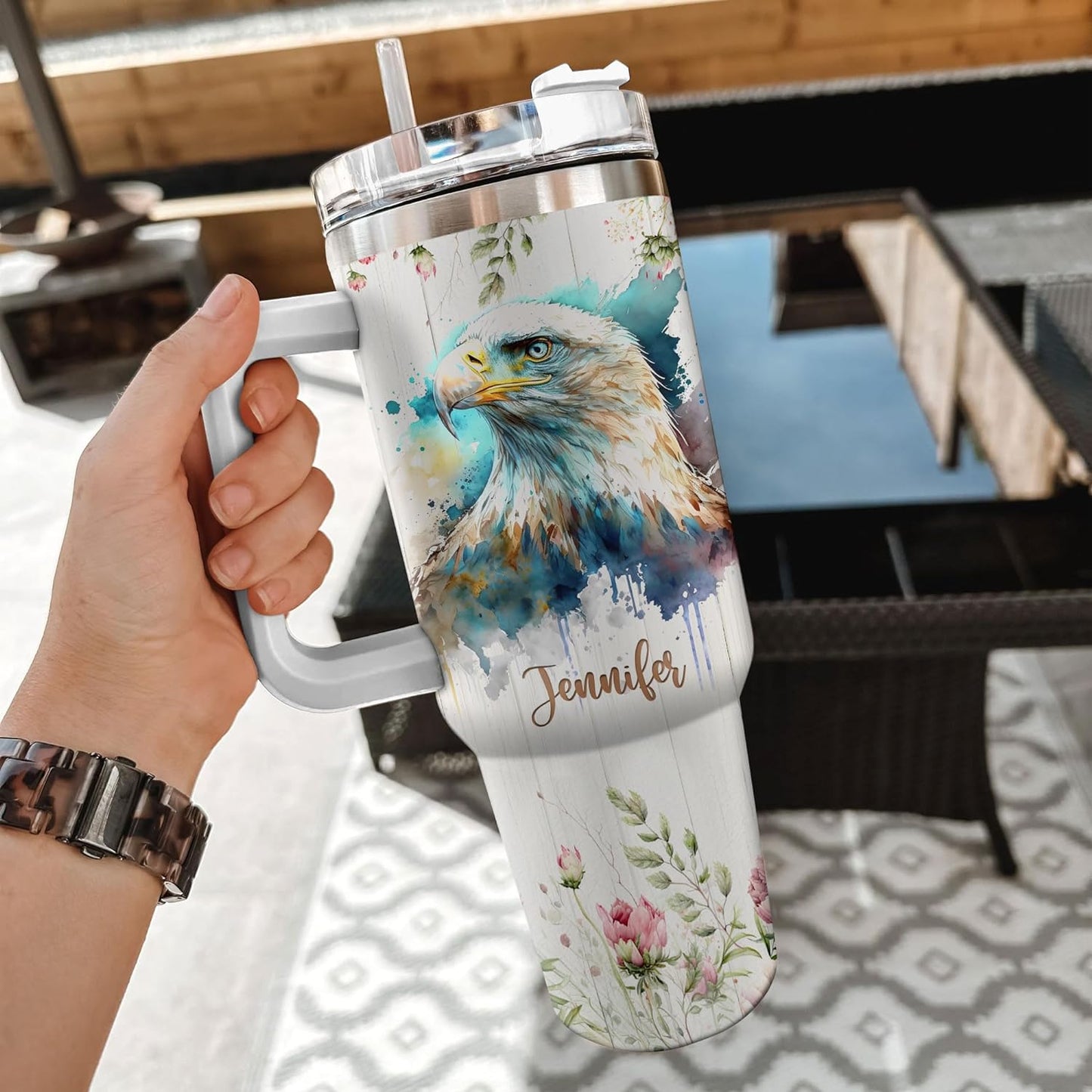 Eagle Tumbler 40oz – Personalized Stainless Steel Insulated Travel Cup with Handle & Straw – Majestic Bird Coffee Mug Gift for Nature Lovers