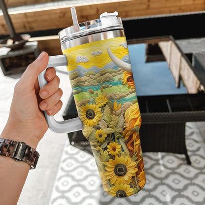 Highland Cow & Sunflower Tumbler 40oz with Handle & Straw – Personalized Stainless Steel Insulated Travel Cup with Lid – Farm Animal Lover Gift for Women