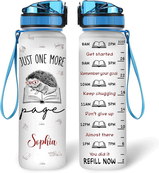 Hedgehog “Just One More Page” Reading Theme Water Bottle Tracker 32oz – Personalized Hydration Bottle with Time Marker – Cute Gift for Hedgehog & Book Lovers