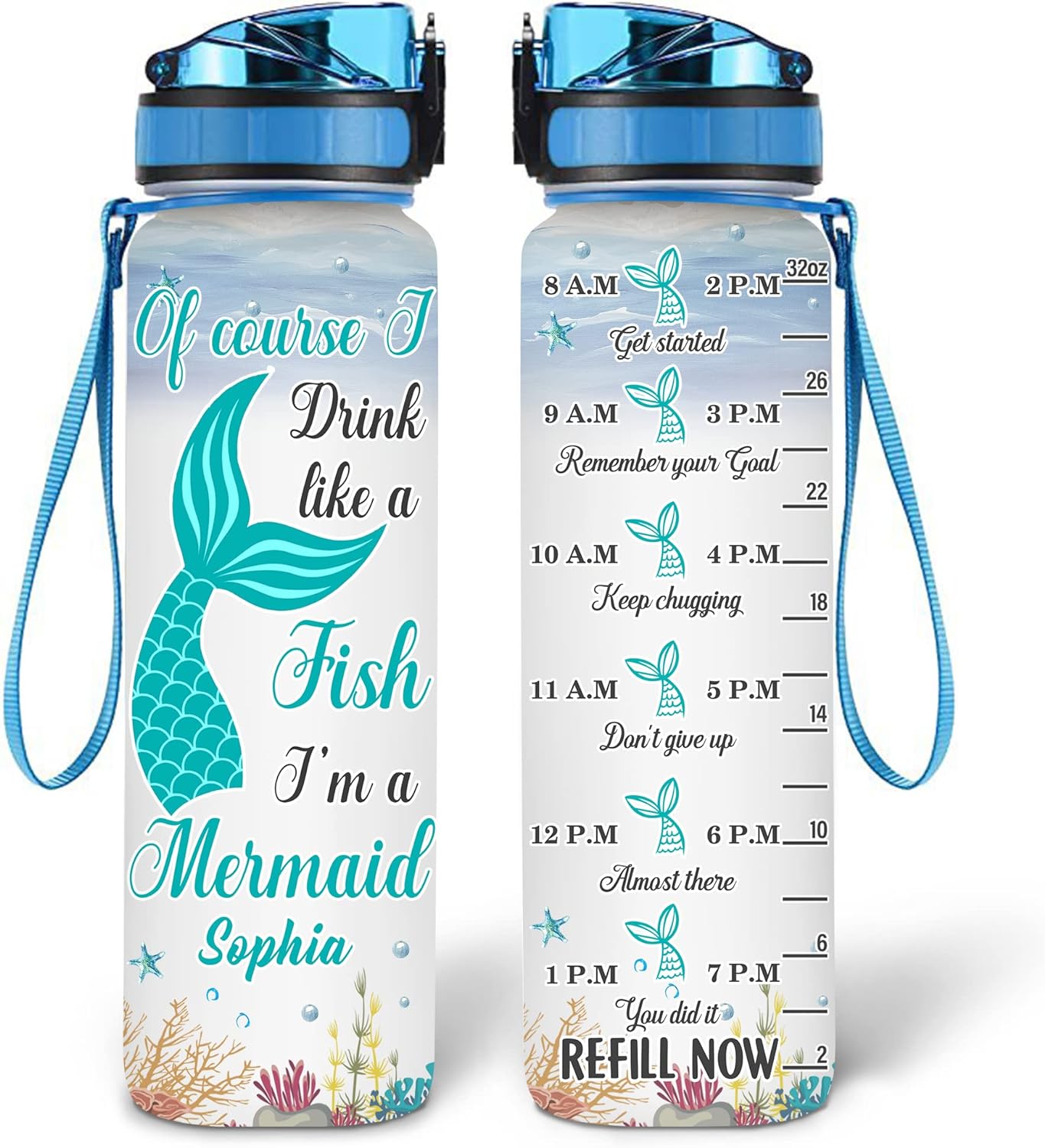 Mermaid Theme Water Bottle Tracker 32oz – Personalized Hydration Bottle with Time Marker – Fun Gift for Mermaid Lovers