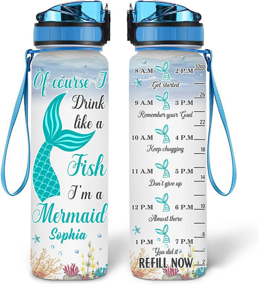 Mermaid Theme Water Bottle Tracker 32oz – Personalized Hydration Bottle with Time Marker – Fun Gift for Mermaid Lovers
