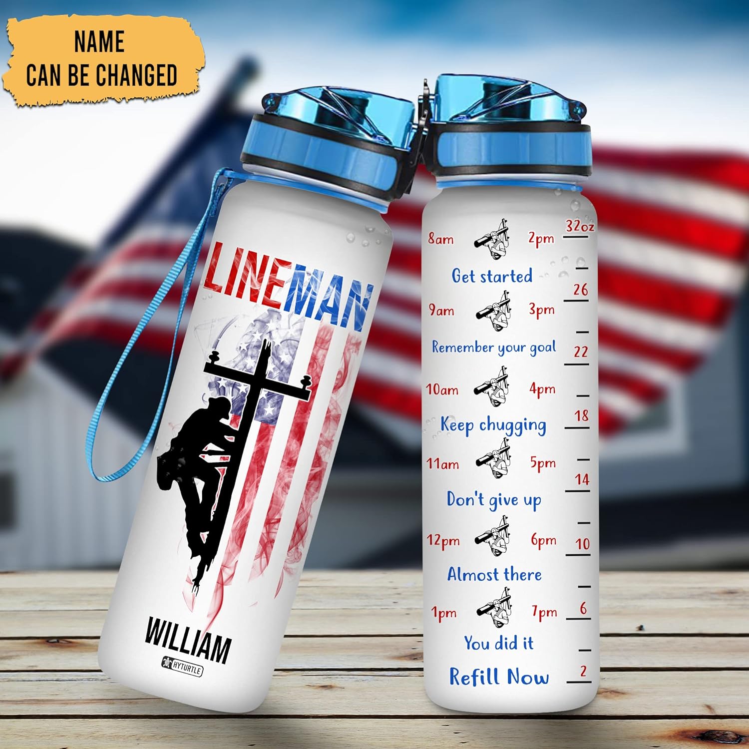 Lineman American Flag - Personalized Water Tracker Bottle 32oz