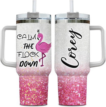 Flamingo Glitter Tumbler 40oz with Handle & Straw – Personalized Stainless Steel Insulated Cup with Lid – Fun Gift for Flamingo Lovers