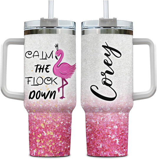 Flamingo Glitter Tumbler 40oz with Handle & Straw – Personalized Stainless Steel Insulated Cup with Lid – Fun Gift for Flamingo Lovers