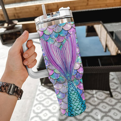 Mermaid Tail Tumbler 40oz with Handle & Straw – Personalized Stainless Steel Insulated Travel Cup with Lid – Unique Gift for Mermaid Lovers