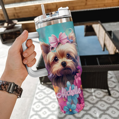 Yorkshire Terrier Lover Tumbler 40oz with Handle & Straw – Personalized Stainless Steel Cup with Lid – Unique Gift for Dog Lovers