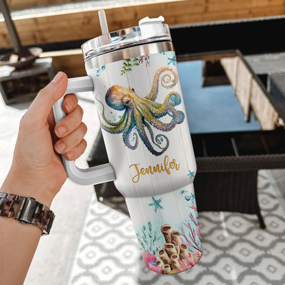 Artistic Octopus 40oz Tumbler with Handle & Straw – Personalized Stainless Steel Insulated Travel Cup with Lid – Creative Gift for Ocean Lovers