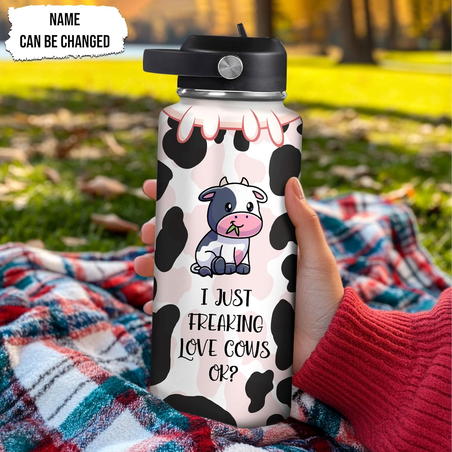 Cute Cow Print Travel Insulated Stainless Steel Bottle with Leak-Proof Lid 32oz - Funny Cow Lover Gift Personalized Name