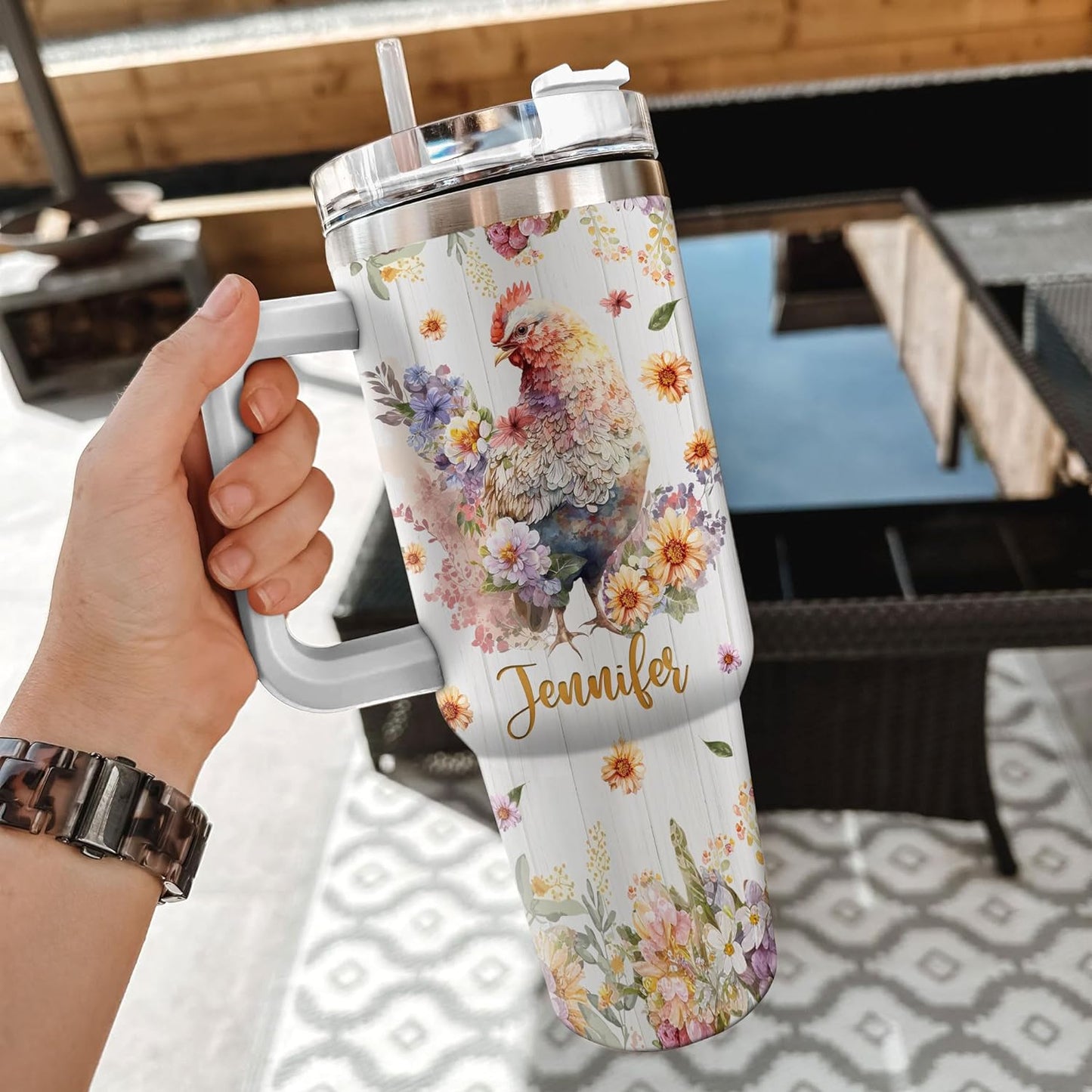 Chicken Floral 40oz Tumbler with Handle & Straw – Personalized Stainless Steel Insulated Travel Cup with Lid – Unique Gift for Farm Animal Lovers