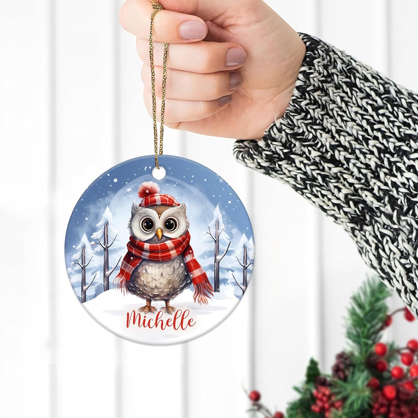 Owl in Scarf Winter Scene Ceramic Ornament – Personalized Custom Name Circle Keepsake, Christmas or Birthday Gift for Owl Lover Women