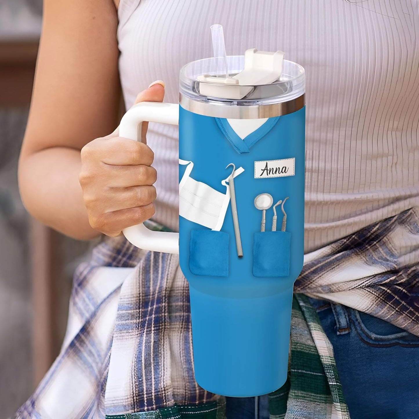 Dentist Scrub Tumbler 40oz with Handle & Straw – Personalized Stainless Steel Insulated Travel Cup with Lid – Creative Gift for Dental Lovers