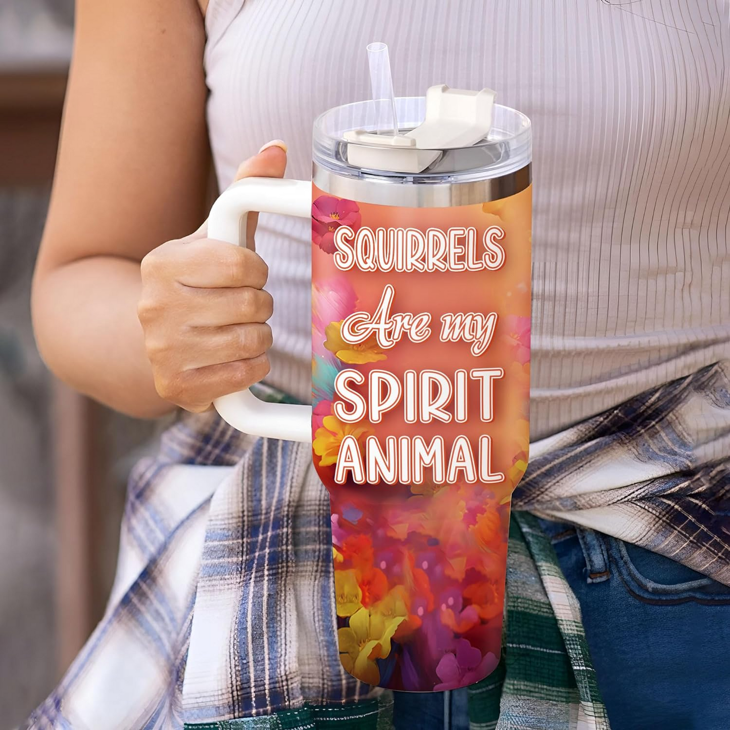 Colorful Squirrel Tumbler 40oz with Handle & Straw – Personalized Stainless Steel Cup with Lid – Cute Animal Gift for Women & Kids