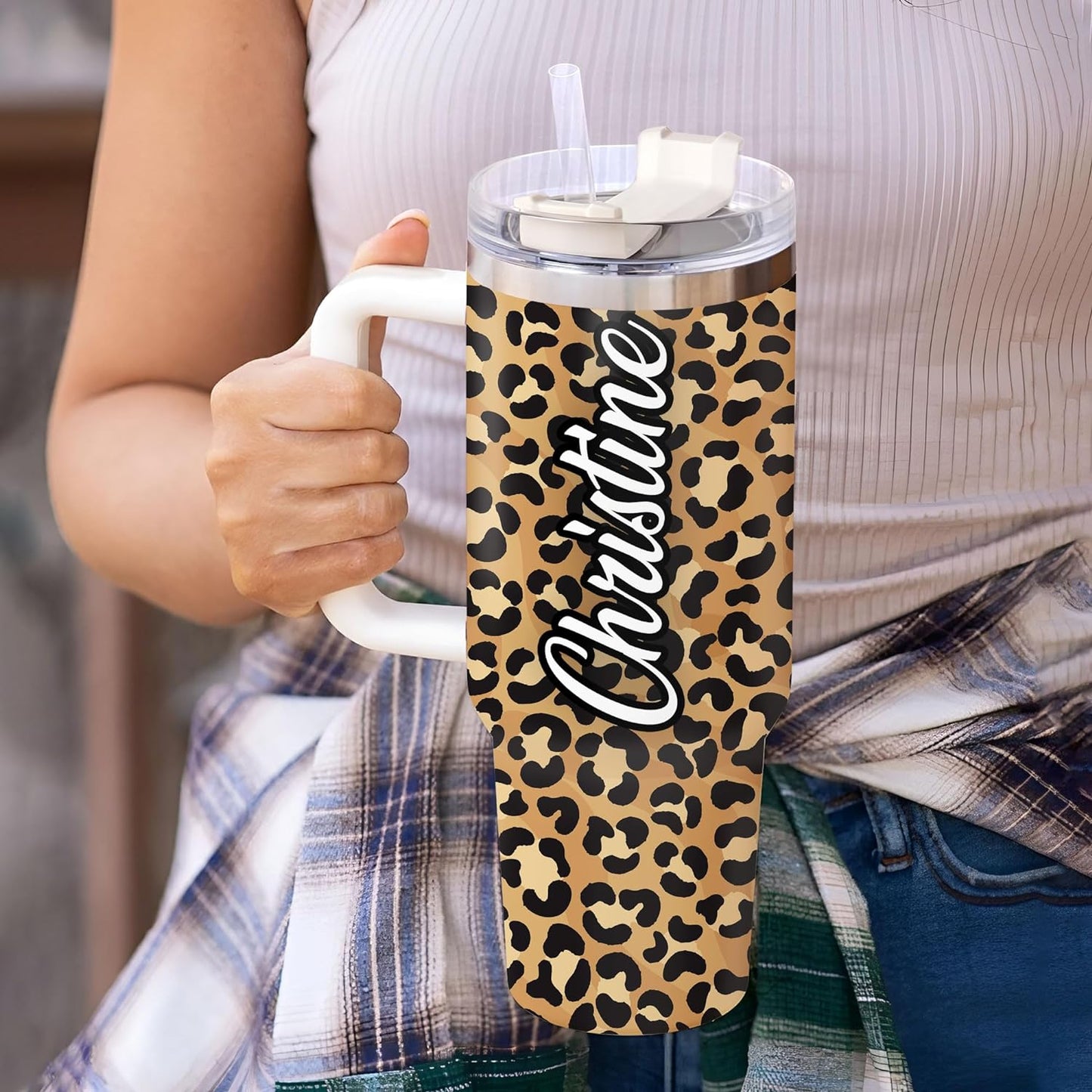 Leopard Print Tumbler 40oz with Handle & Straw – Personalized Stainless Steel Insulated Travel Cup with Lid – Stylish Gift for Women