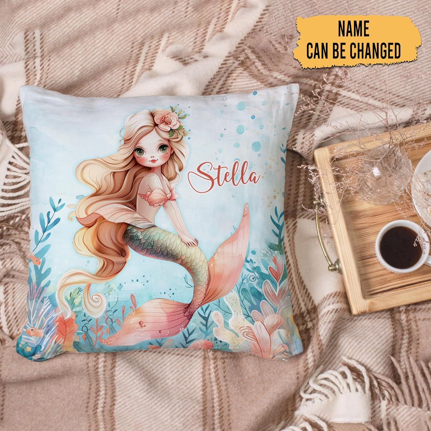 Mermaid Cartoon Pattern - Personalized Pillow (Insert Included)