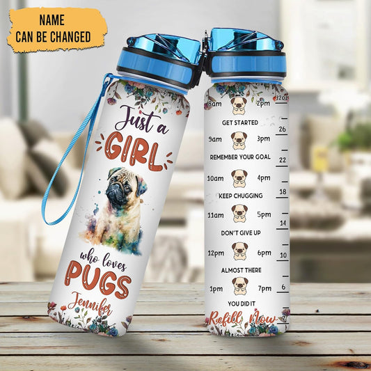 Pug Water Bottle Tracker 32oz Personalized – Cute Dog Hydration Bottle – Mother’s Day or Birthday Gift for Pug Lovers
