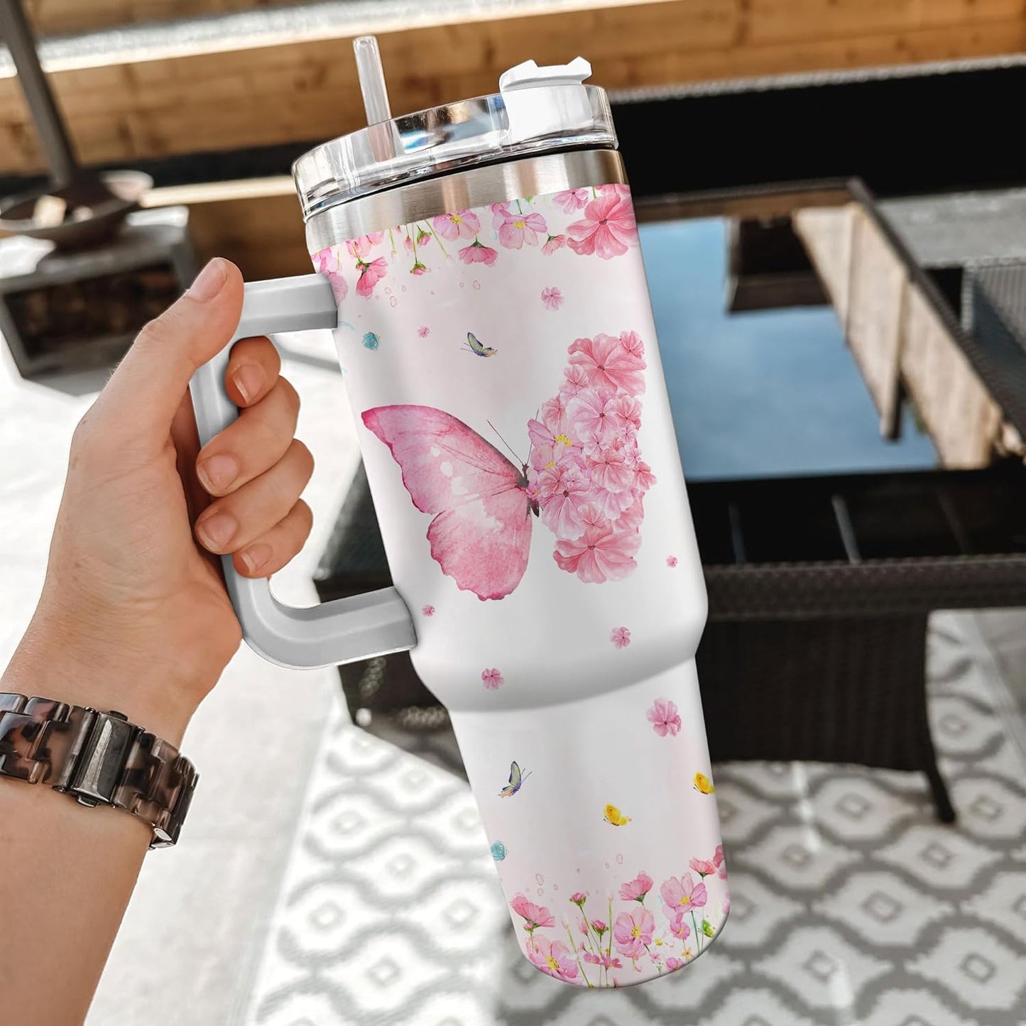 Pink Butterfly Floral Tumbler 40oz – Personalized Stainless Steel Insulated Cup with Handle & Straw – Unique Gift for Butterfly Lovers