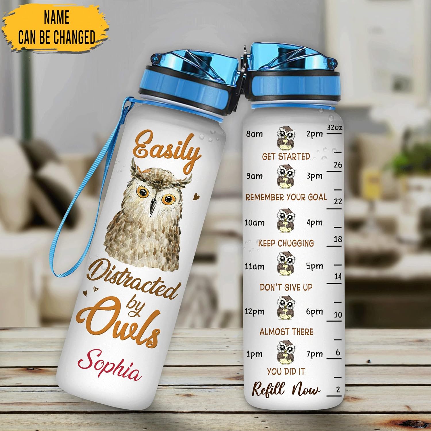 Easily Distracted By Owls - Personalized Water Tracker Bottle 32oz