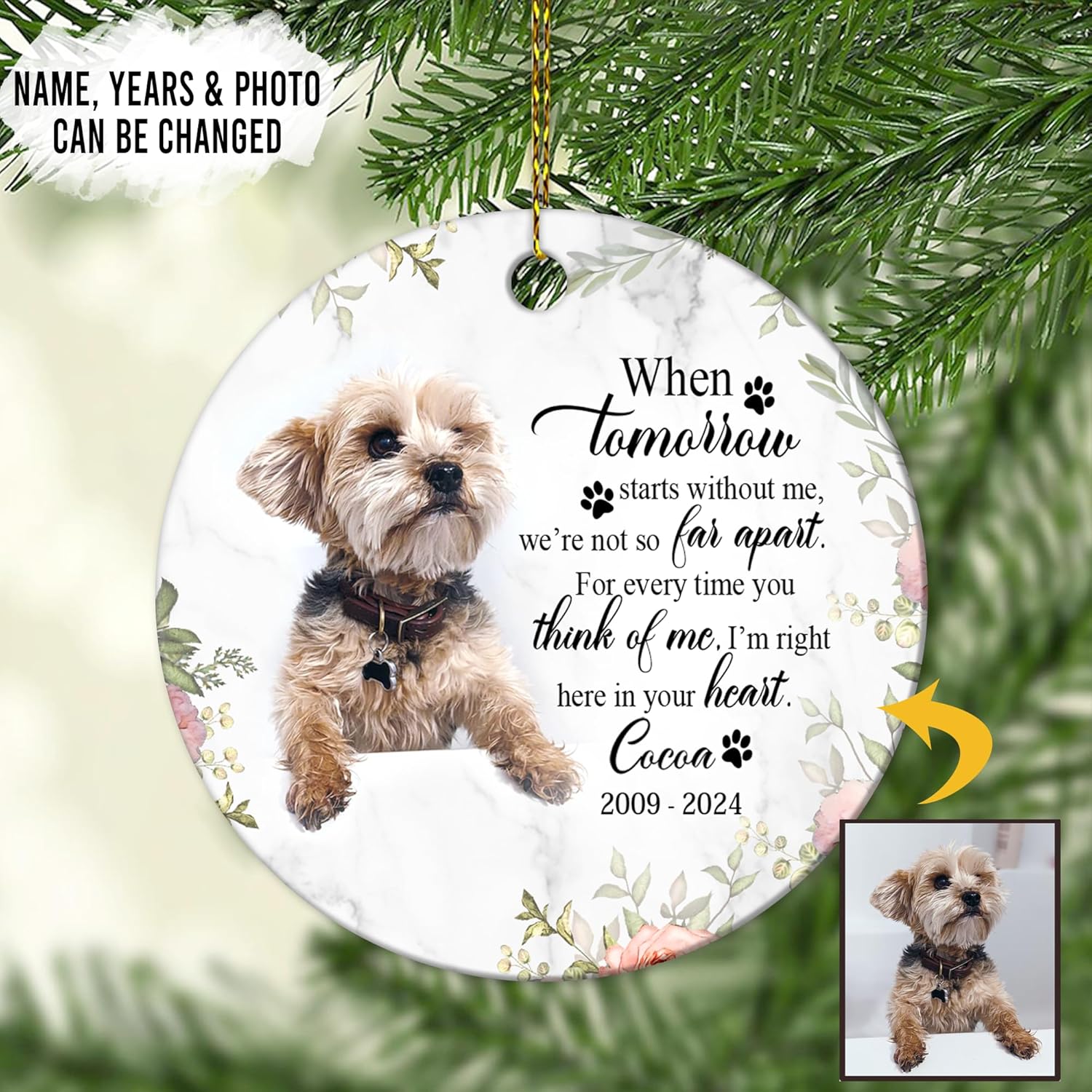 Dog Memorial Photo Ceramic Ornament – Personalized Custom Name Circle Keepsake, Sympathy Christmas Gift for Pet Loss for Dog Mom or Dad
