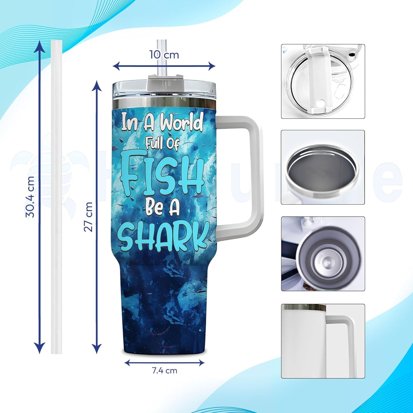 Fierce Shark Ocean Tumbler 40oz with Handle & Straw – Personalized Stainless Steel Travel Cup with Lid – Cool Gift for Shark Lovers