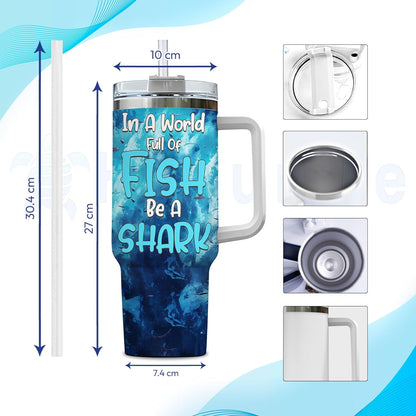 Fierce Shark Ocean Tumbler 40oz with Handle & Straw – Personalized Stainless Steel Travel Cup with Lid – Cool Gift for Shark Lovers