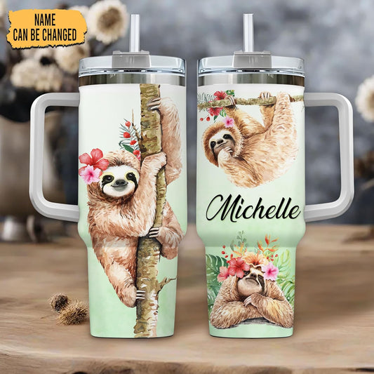 Tropical Sloth Tumbler 40oz with Handle & Straw – Personalized Stainless Steel Insulated Travel Cup with Lid – Cute Gift for Sloth Lovers