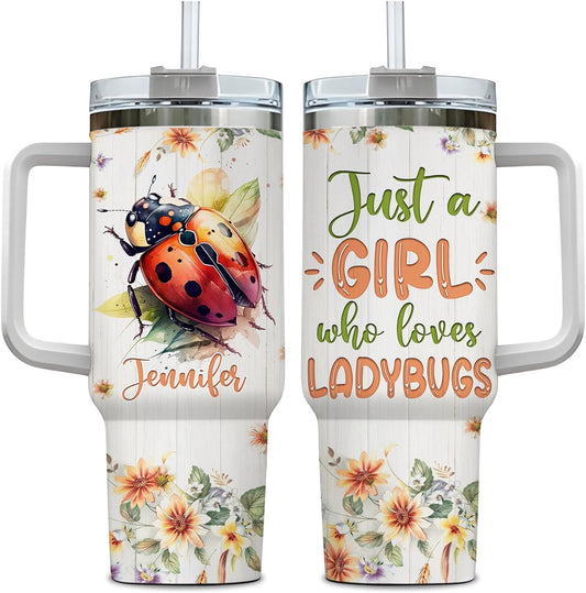 Ladybug Lover Tumbler 40oz with Handle & Straw – Personalized Stainless Steel Travel Mug with Lid – Cute Gift for Insect Lovers