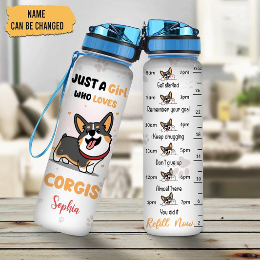 Cute Corgi Lovers Water Bottle Tracker 32oz – Personalized Dog Bottle with Time Marker – Fun Gift for Corgi Owners & Girls