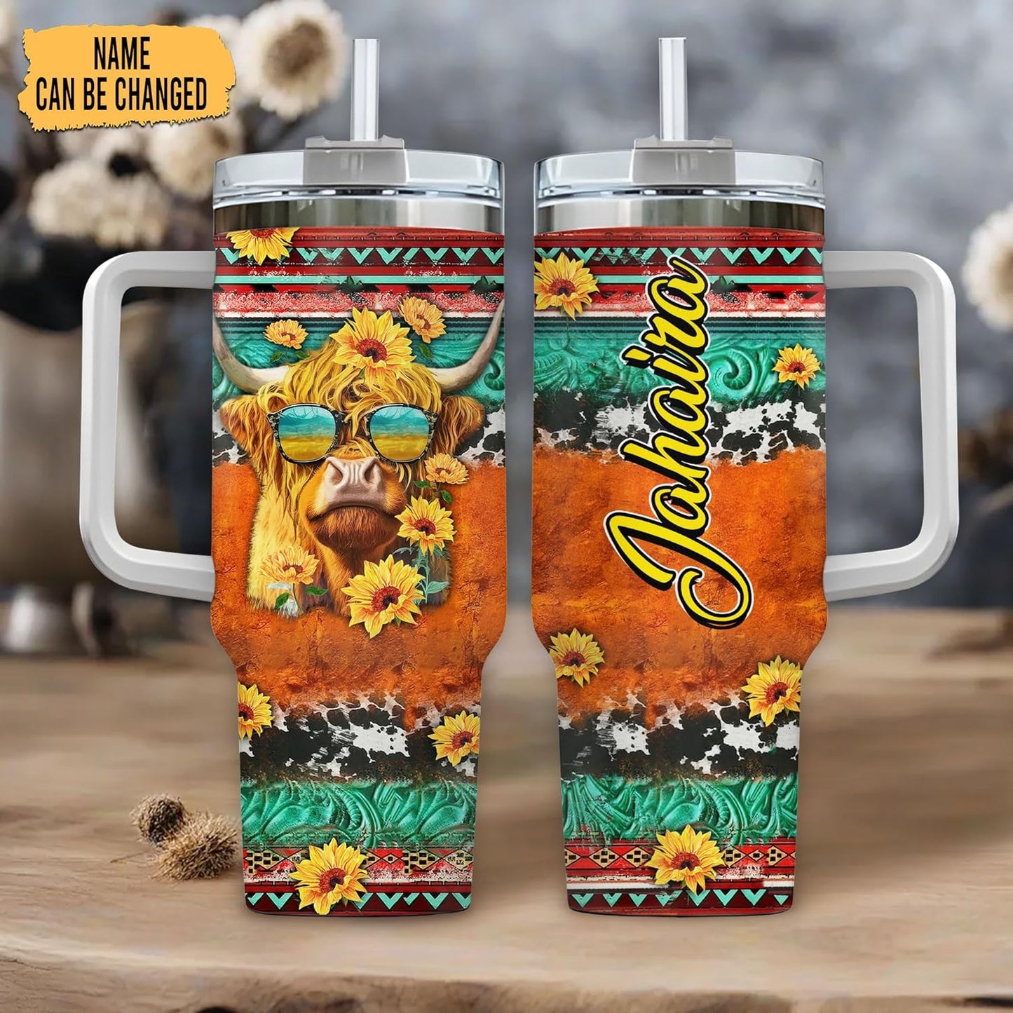 Highland Cow Western Sunflower Tumbler 40oz with Handle & Straw – Personalized Stainless Steel Insulated Cup with Lid – Creative Gift for Animal Lovers