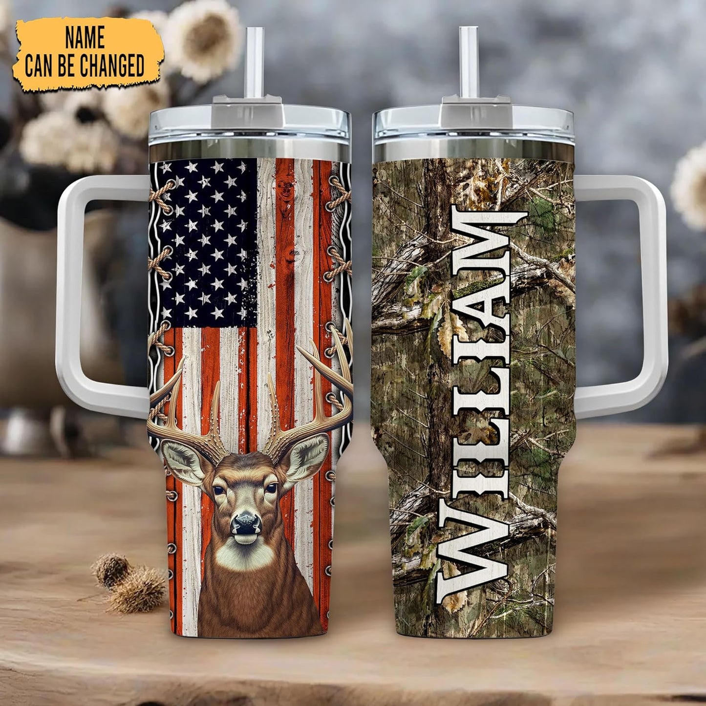 Deer Hunting American Flag Tumbler 40oz with Handle & Straw – Personalized Stainless Steel Insulated Cup with Lid – Gift for Hunters & Outdoorsmen