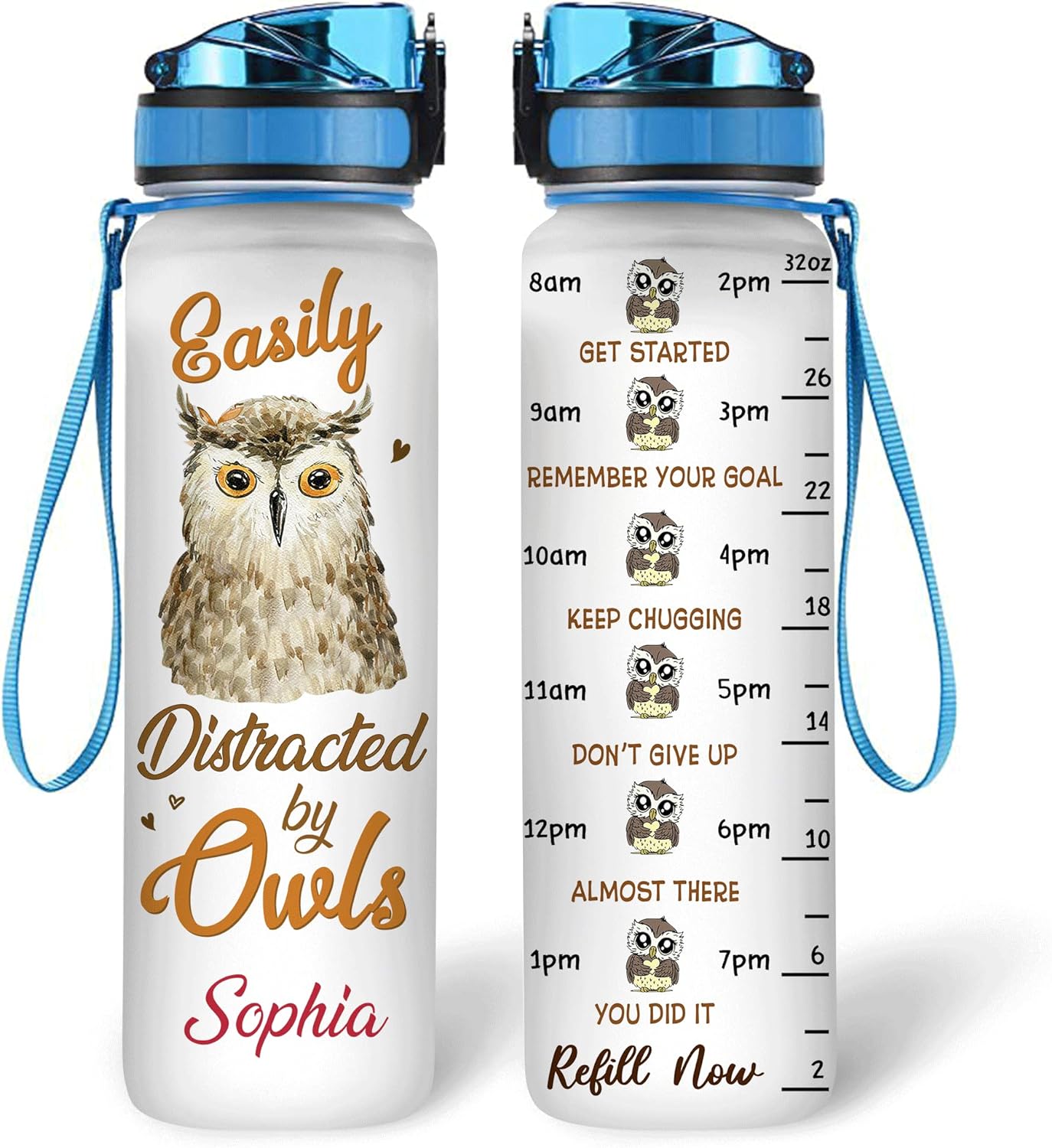 Easily Distracted By Owls - Personalized Water Tracker Bottle 32oz