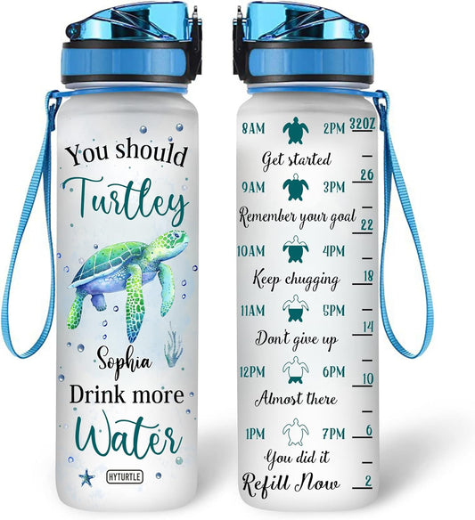 Turtle Ocean Theme Water Bottle Tracker 32oz – Personalized Hydration Bottle with Time Marker – Fun Gift for Turtle Lovers