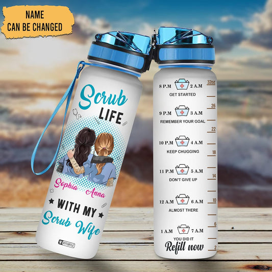 Scrub Wife Nurse Water Bottle Tracker 32oz Personalized – Medical Theme Hydration Bottle – Graduation or Birthday Gift for Nurses