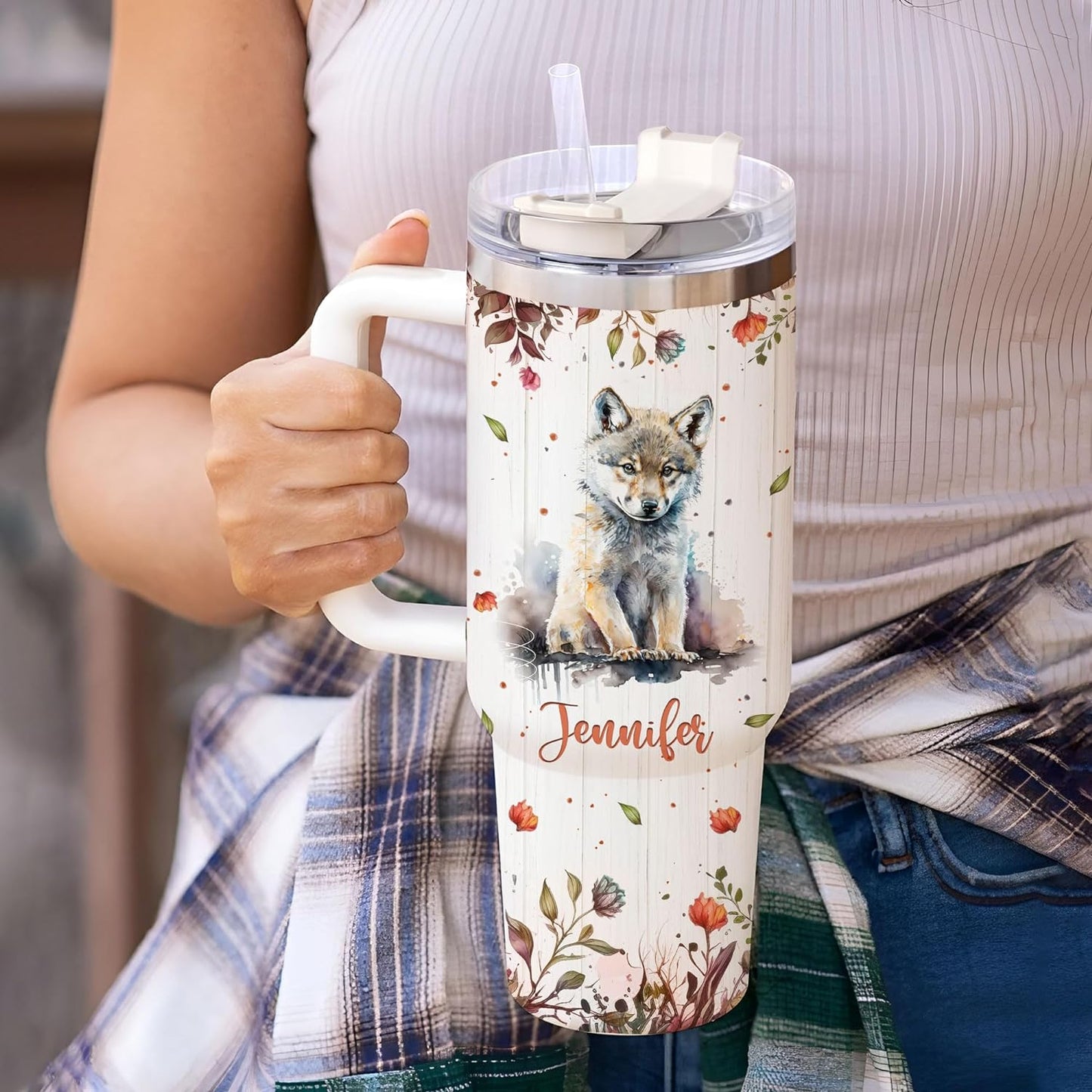 Wolf Lover Tumbler 40oz with Handle & Straw – Personalized Stainless Steel Insulated Travel Cup with Lid – Bold Gift for Wildlife Enthusiasts